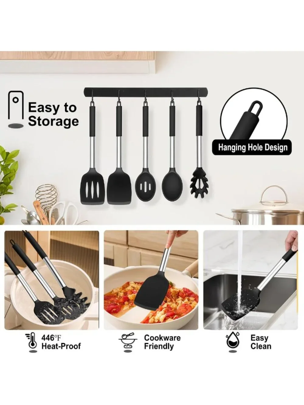 5 PCS Silicone Kitchen Utensils Set with Stainless Steel Handles - Heatproof